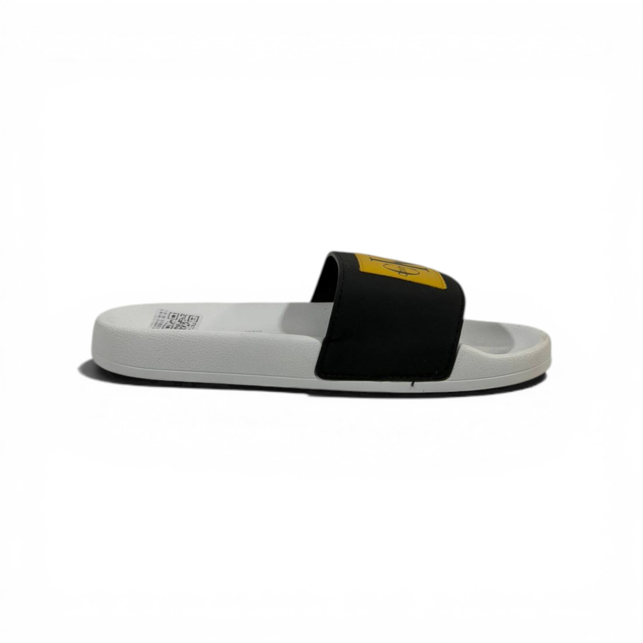 CALVIN KLEIN Luxury Black & White Slide Sandals – Yellow CK Logo Patch & Modern Street Style 👟✨