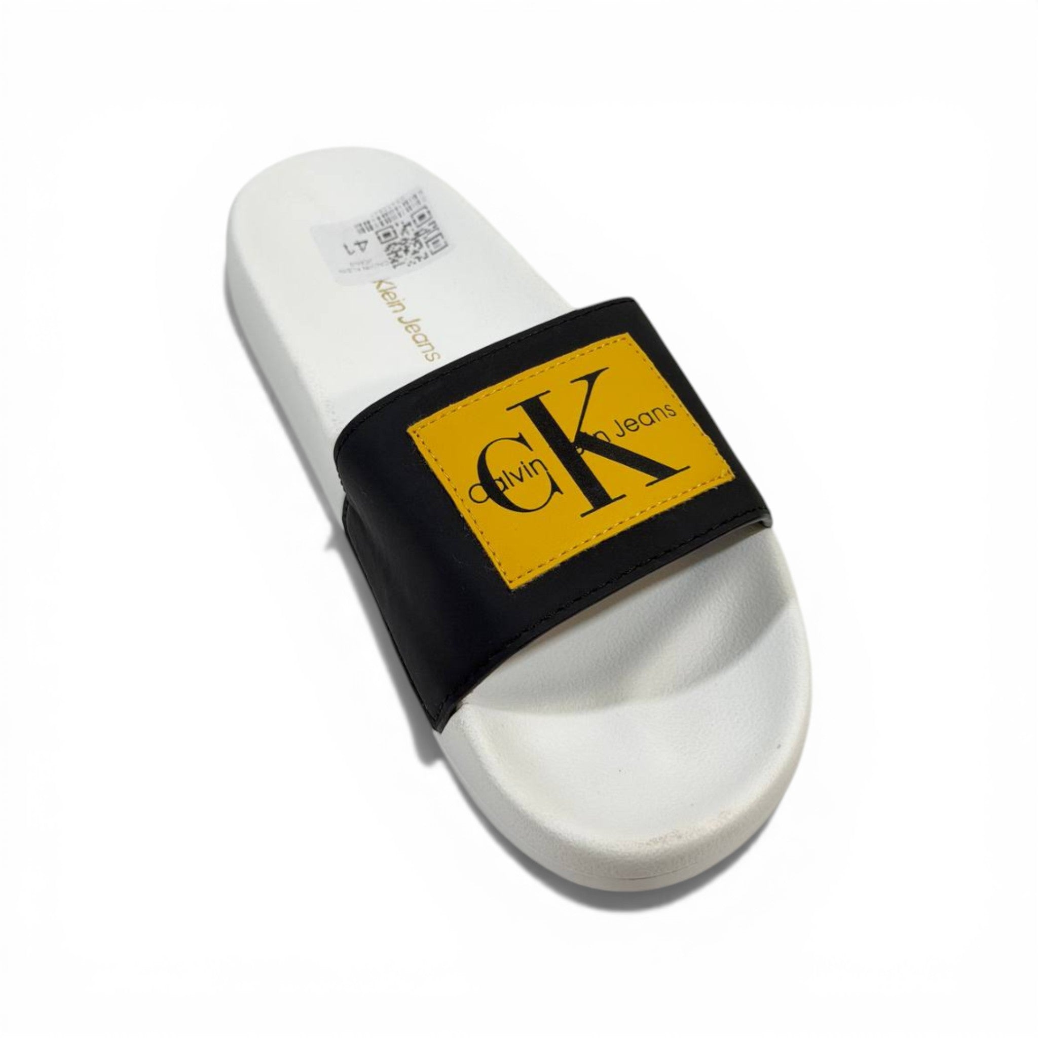 CALVIN KLEIN Luxury Black & White Slide Sandals – Yellow CK Logo Patch & Modern Street Style 👟✨