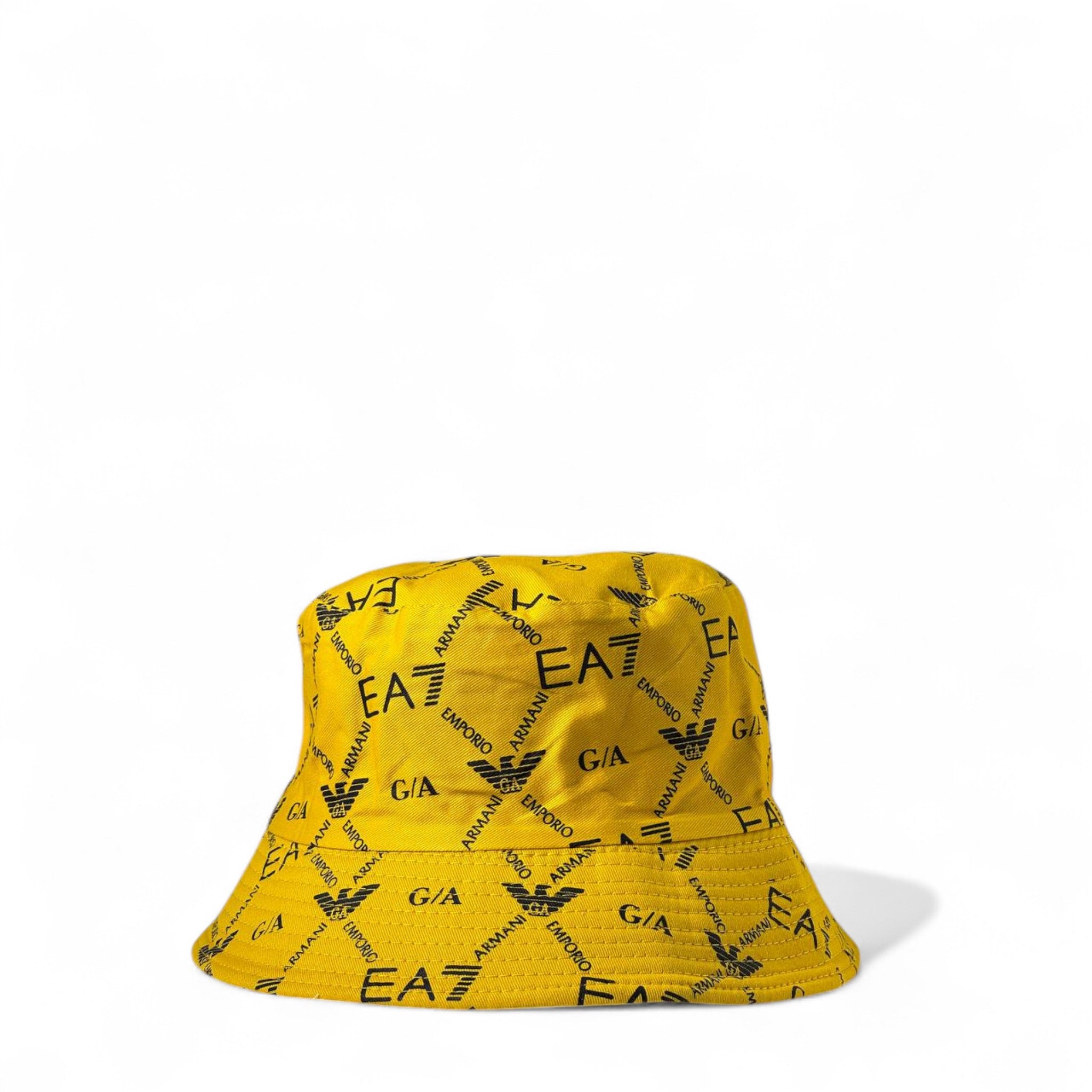 Emporio Armani Reversible Bucket Hat 🟡 | Yellow Double-Face Logo Hat with Monogram & Eagle Design