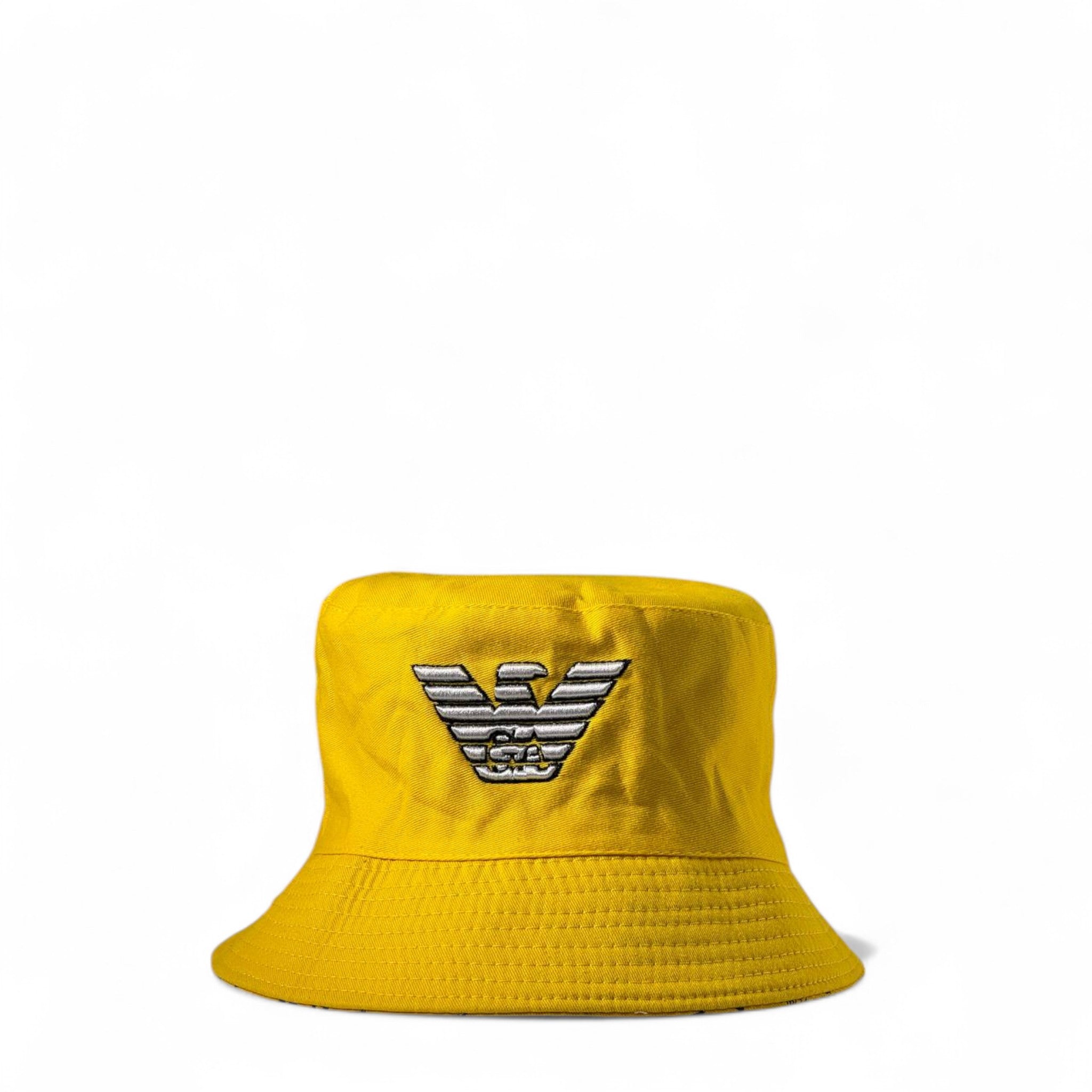 Emporio Armani Reversible Bucket Hat 🟡 | Yellow Double-Face Logo Hat with Monogram & Eagle Design