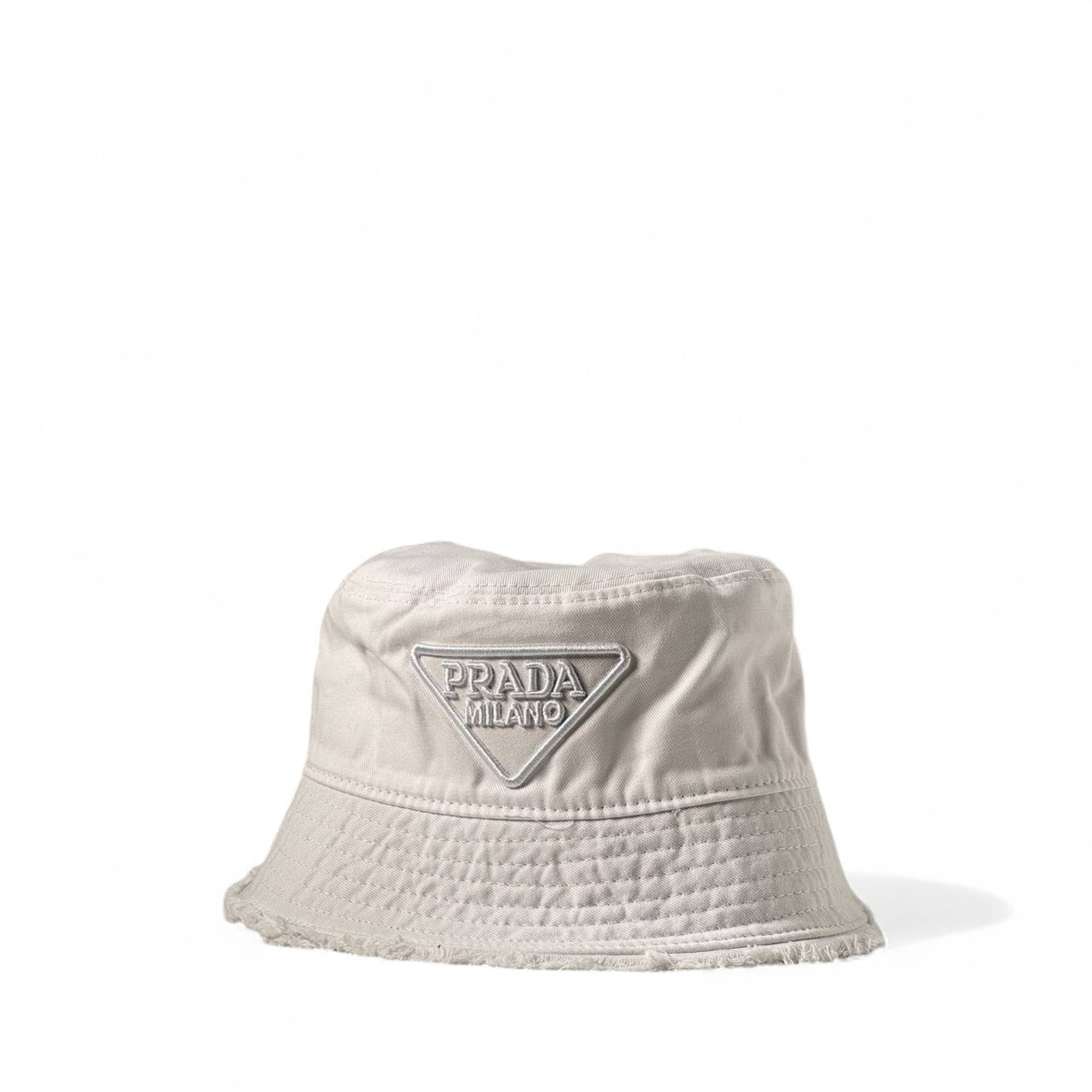 Prada Off-White Distressed Bucket Hat 🤍 | Washed Cotton Hat with Tonal Triangle Logo