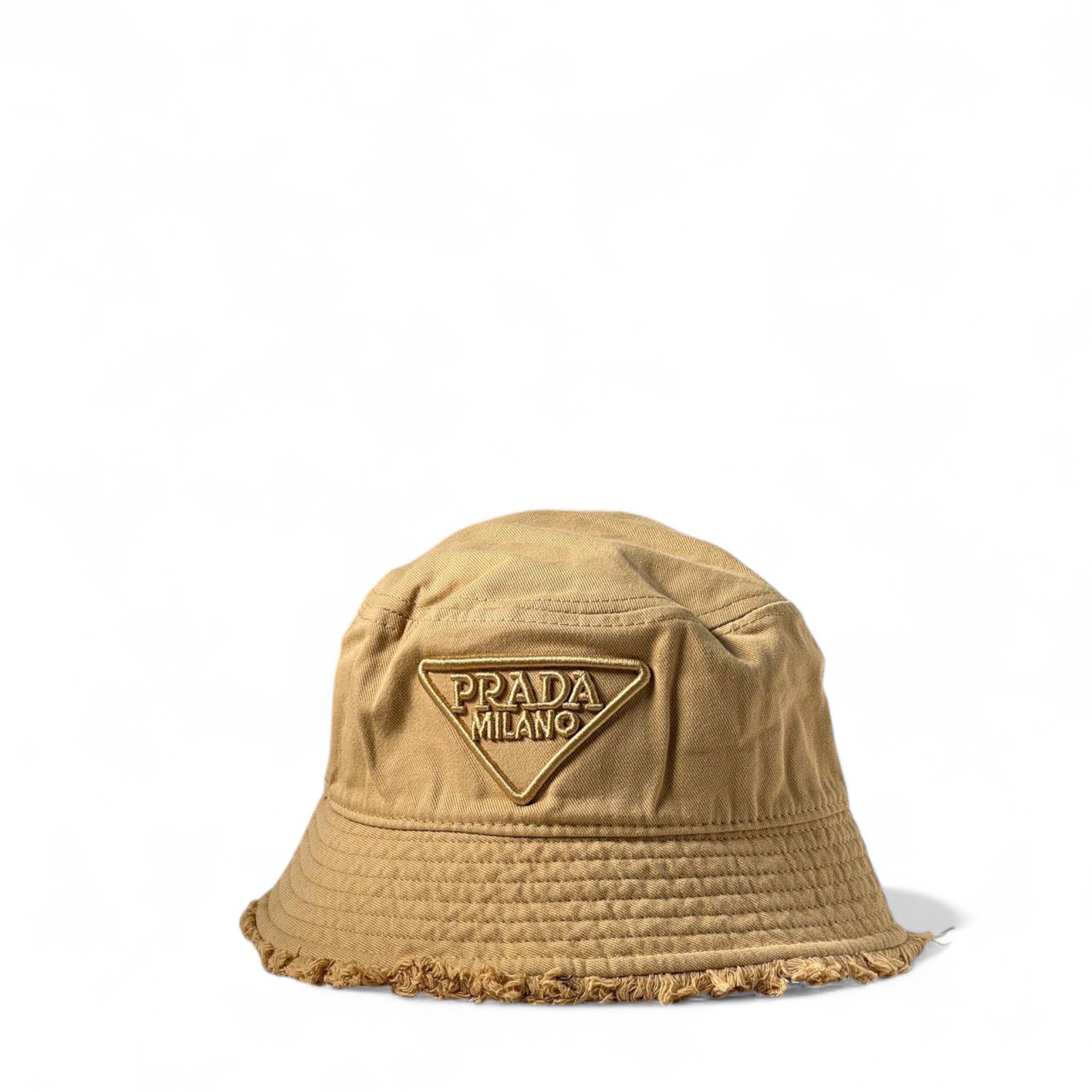 Prada Camel Distressed Bucket Hat 🐫 | Washed Cotton Hat with Tonal Triangle Logo