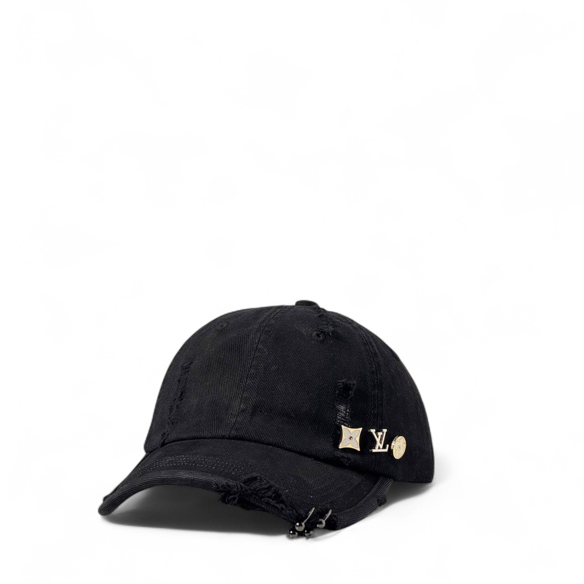🧢 Louis Vuitton-Inspired Distressed Black Denim Cap