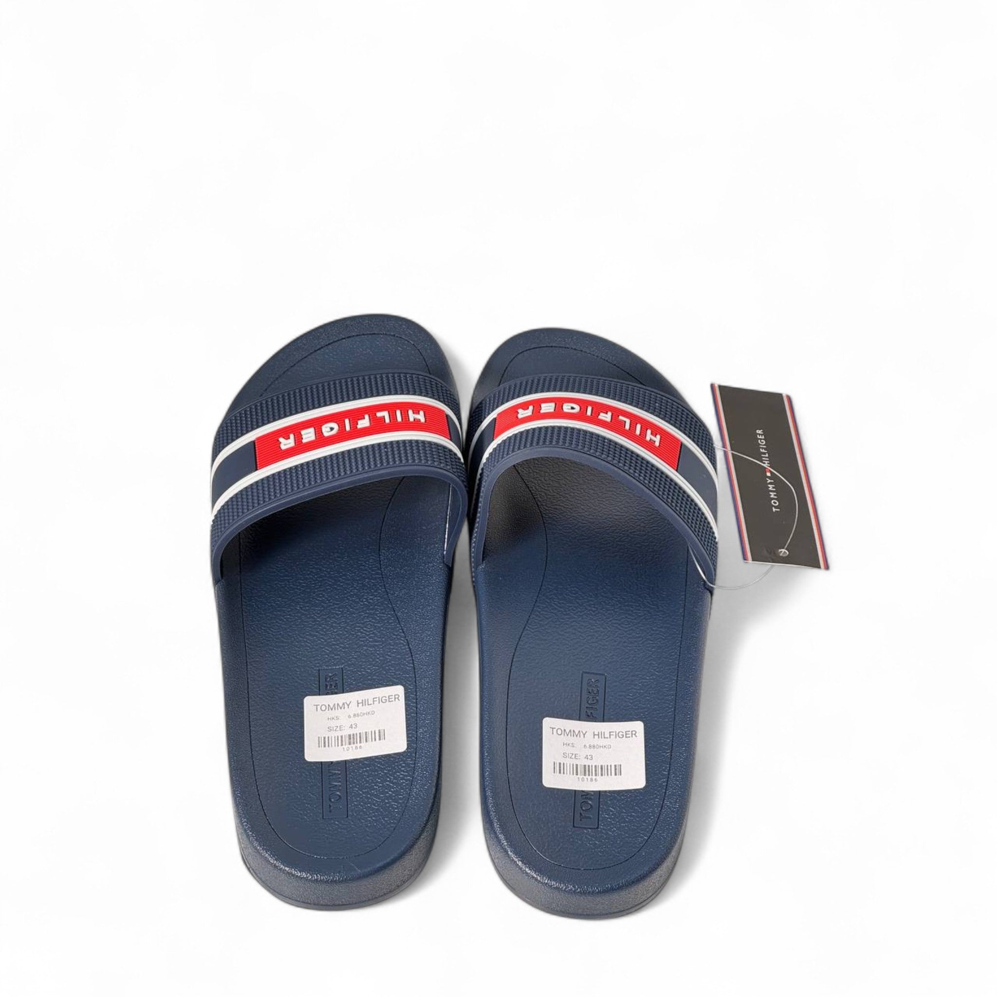 Tommy Hilfiger Navy Slides – Red Logo Strap, Classic Comfort