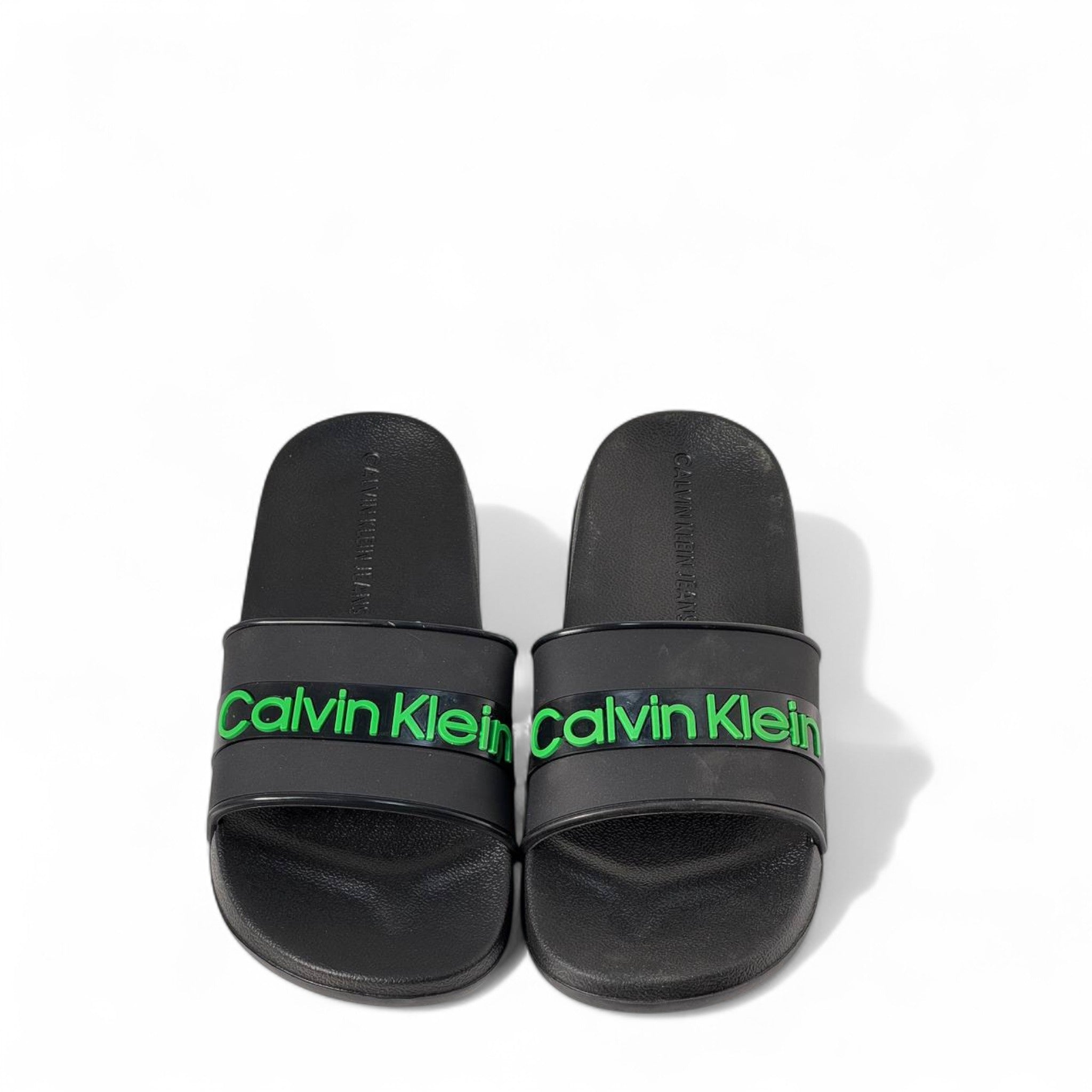 🖤💚 Calvin Klein Black Slides – Green Logo Band Slippers
