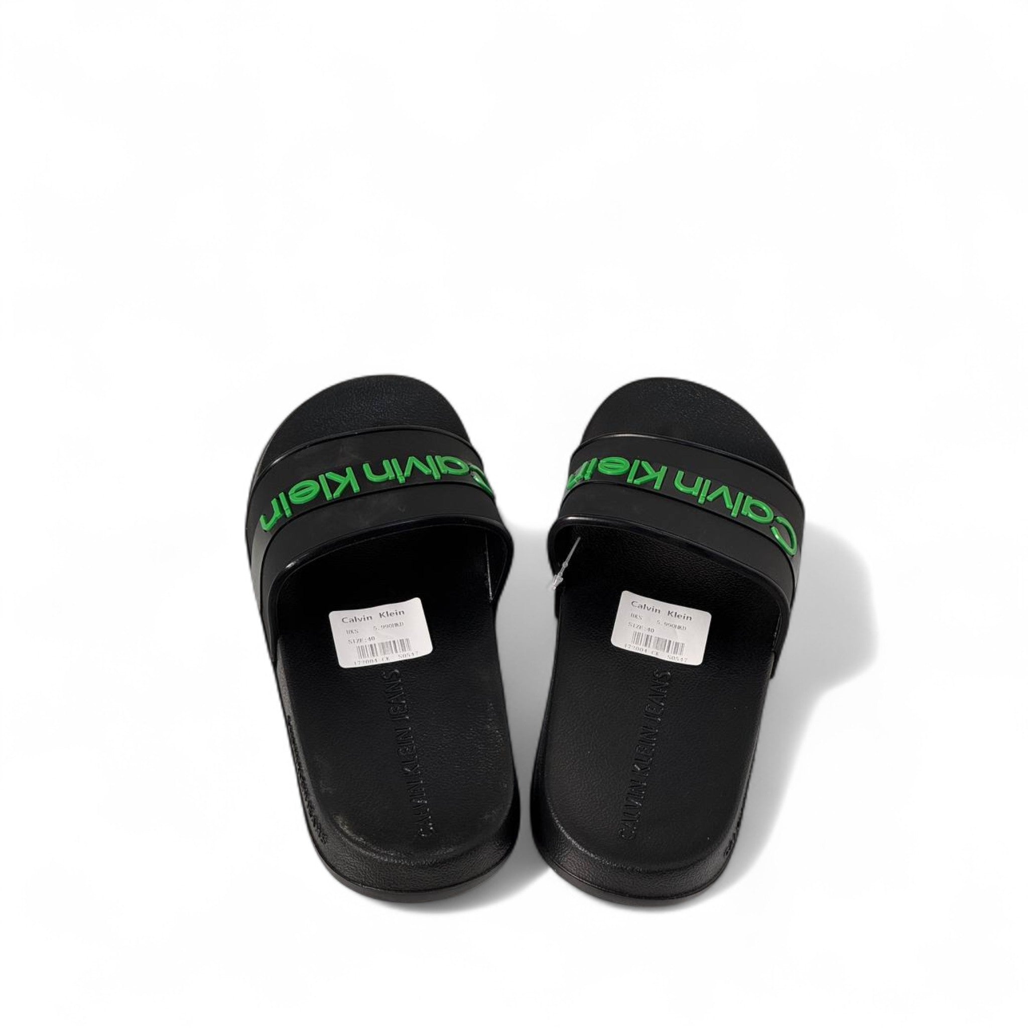 🖤💚 Calvin Klein Black Slides – Green Logo Band Slippers