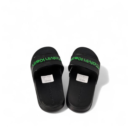 🖤💚 Calvin Klein Black Slides – Green Logo Band Slippers