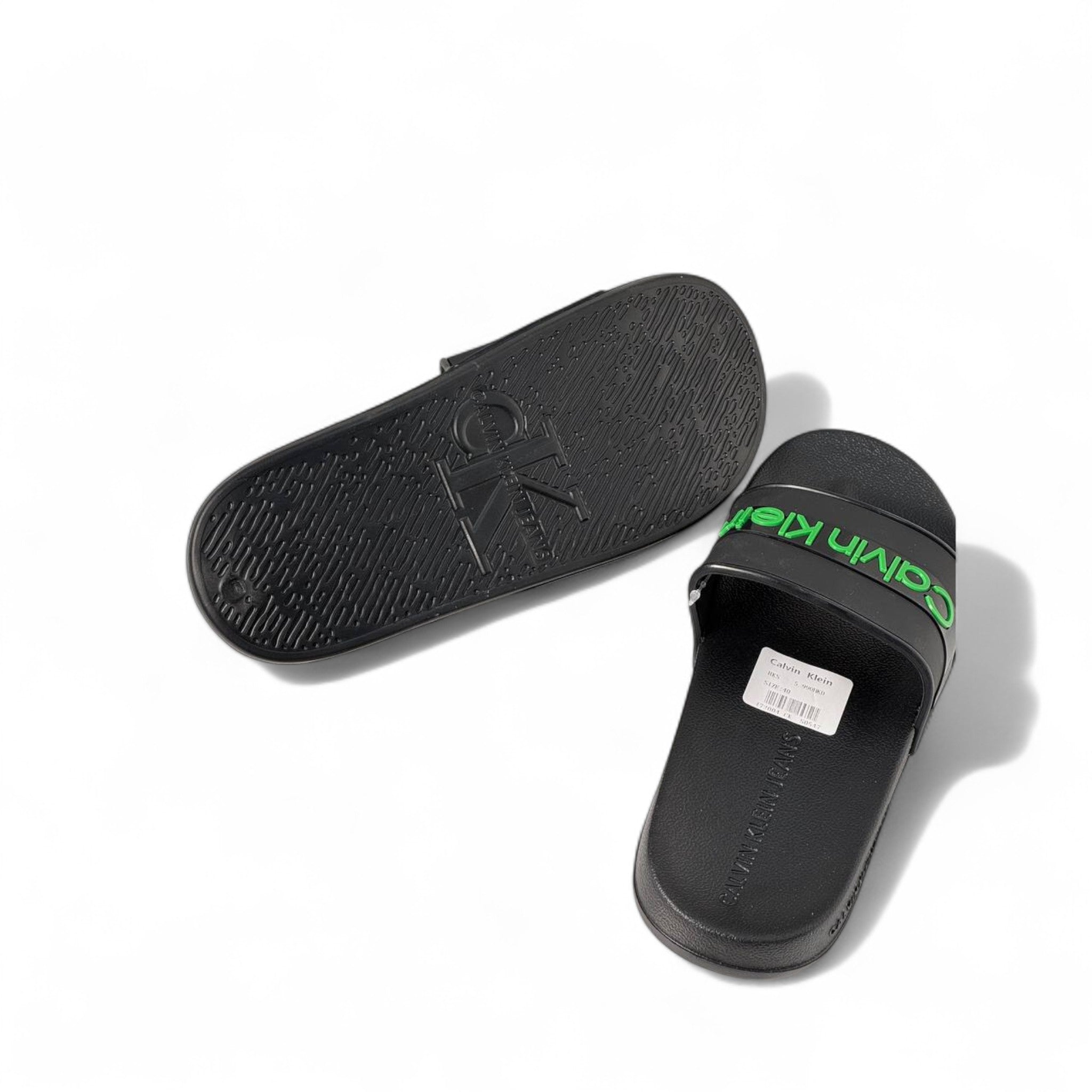 🖤💚 Calvin Klein Black Slides – Green Logo Band Slippers