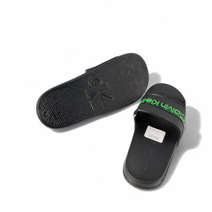 🖤💚 Calvin Klein Black Slides – Green Logo Band Slippers