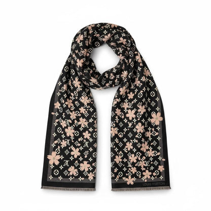 🌸 Louis Vuitton Floral Monogram Scarf – Black & Blush Elegance
