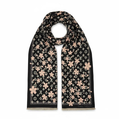 🌸 Louis Vuitton Floral Monogram Scarf – Black & Blush Elegance