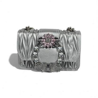 🤍✨ Miu Miu Silver Matelassé Crystal Buckle Shoulder Bag