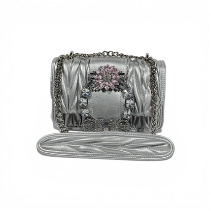 🤍✨ Miu Miu Silver Matelassé Crystal Buckle Shoulder Bag