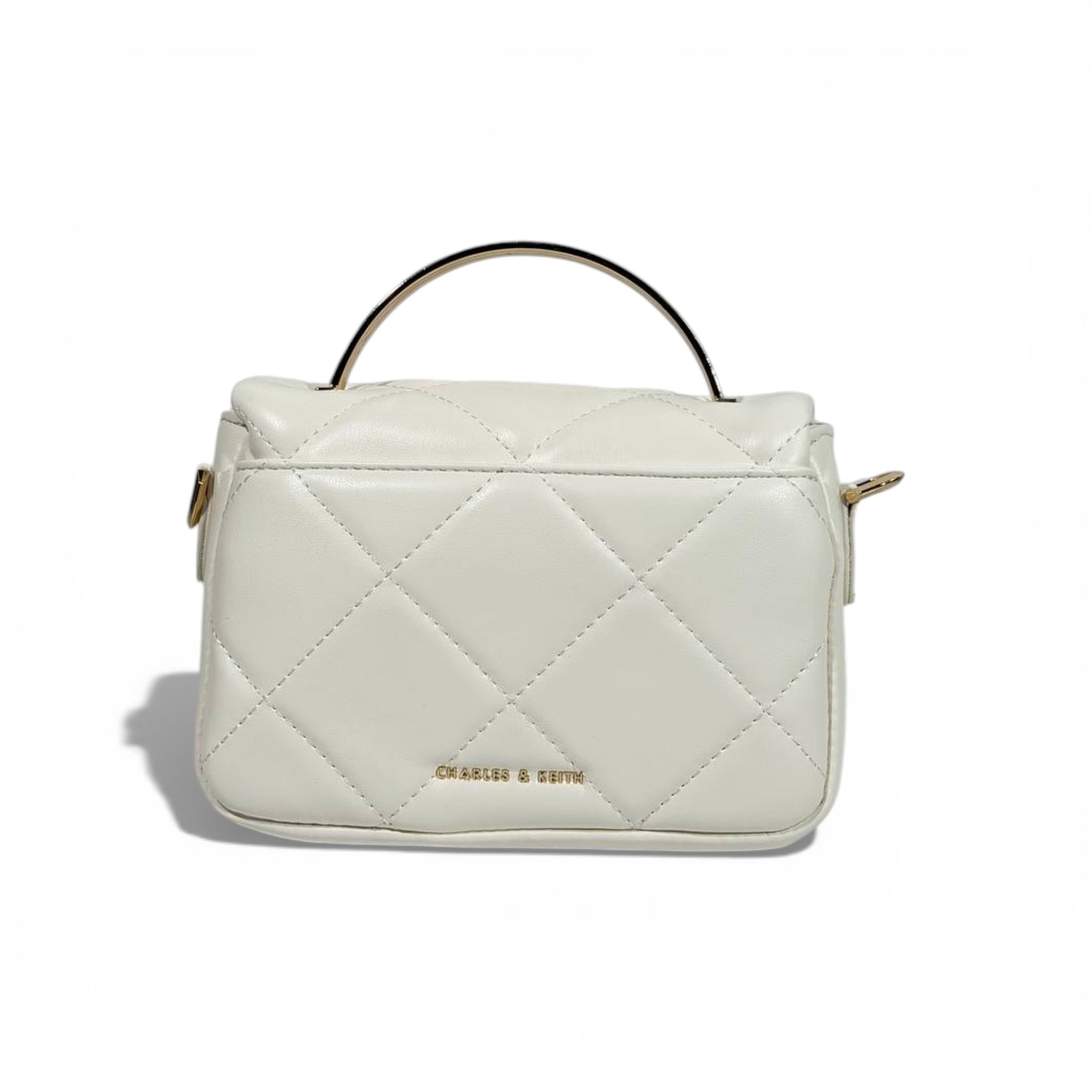Charles & Keith Quilted Mini Top Handle Bag White Gold Hardware