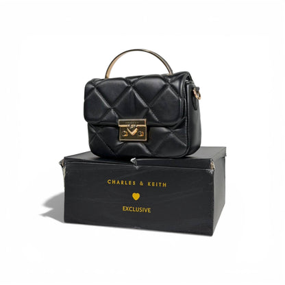 Charles & Keith Quilted Mini Top Handle Bag Black Gold Hardware