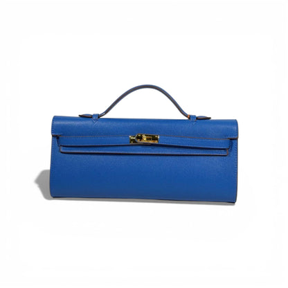 Hermès Blue Kelly Style Top Handle Clutch Gold Hardware