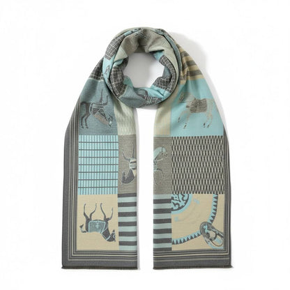 Hermes Inspired Graphic Silk Cashmere Scarf Blue Grey Luxury Design
