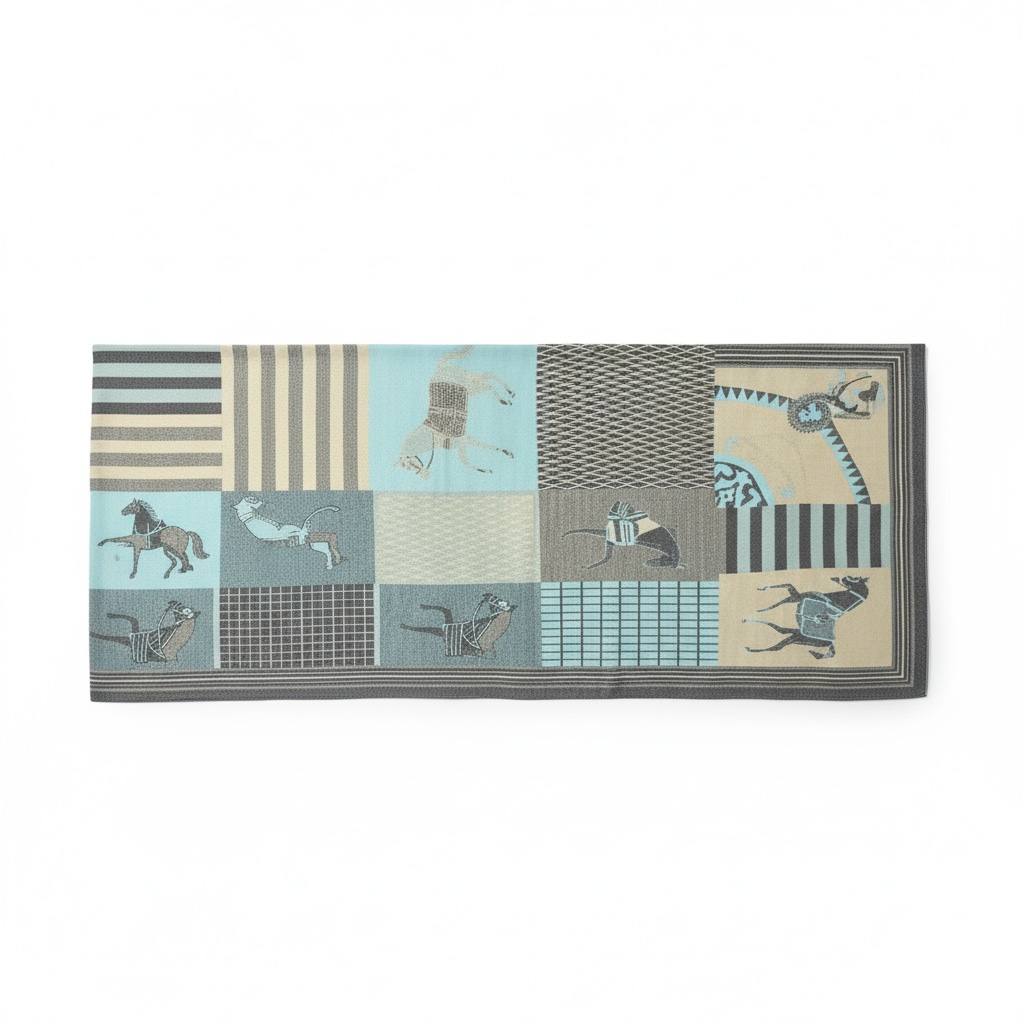 Hermes Inspired Graphic Silk Cashmere Scarf Blue Grey Luxury Design