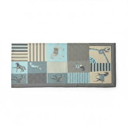 Hermes Inspired Graphic Silk Cashmere Scarf Blue Grey Luxury Design