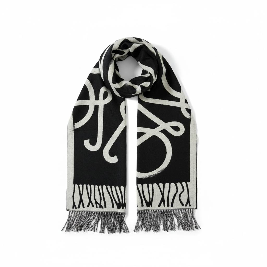 Loewe Inspired Black Graphic Wool Cashmere Scarf Elegant Statement Design