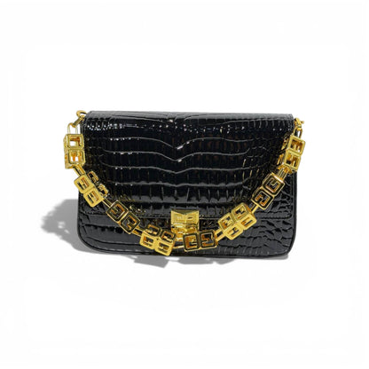 🖤 Givenchy Croc-Embossed Black Bag | Gold Chain Luxury Shoulder Bag ✨👜