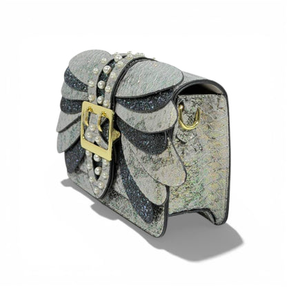 Black & Silver Glitter Bow Clutch Bag | Pearl Detail Elegant Evening Handbag 🖤✨