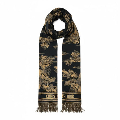 Christian Dior Black & Gold Patterned Scarf | Luxury Fringe Winter Shawl 🖤✨