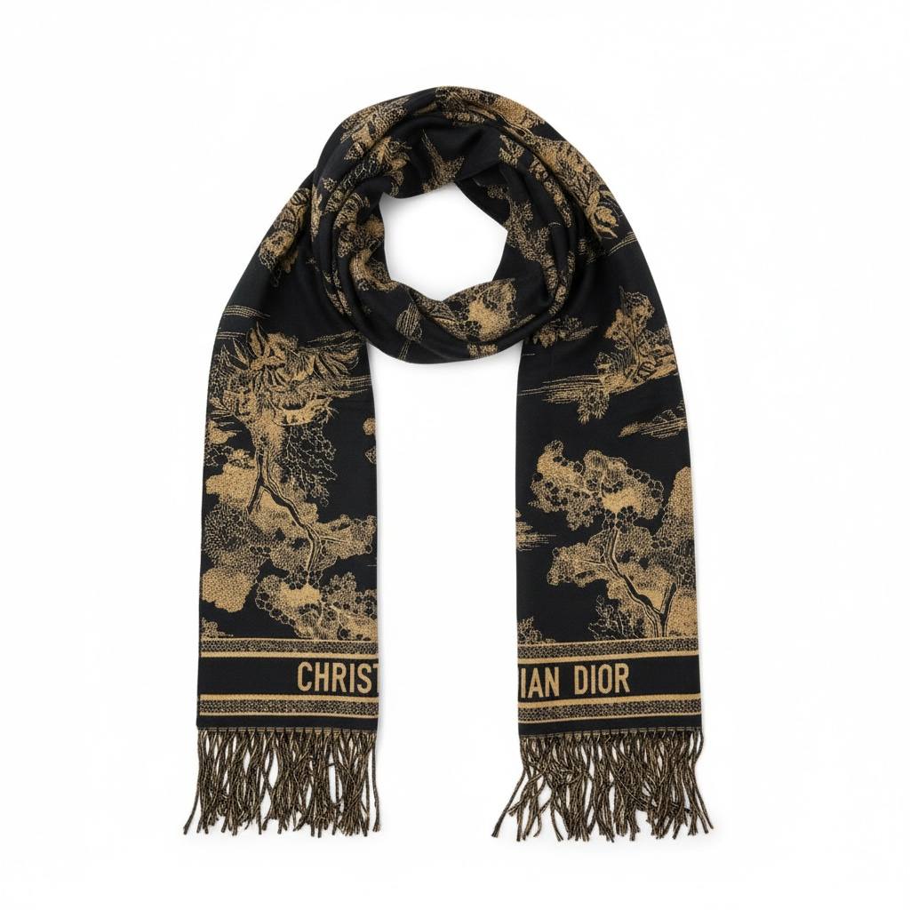 Christian Dior Black & Gold Patterned Scarf | Luxury Fringe Winter Shawl 🖤✨
