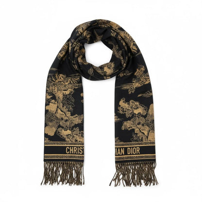Christian Dior Black & Gold Patterned Scarf | Luxury Fringe Winter Shawl 🖤✨
