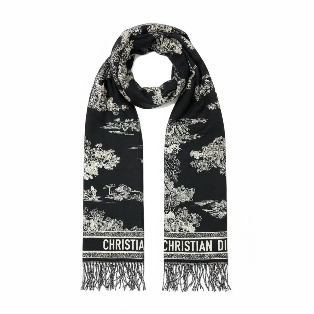 Christian Dior Black and White Toile Scarf Luxury Fringe Shawl 🖤✨