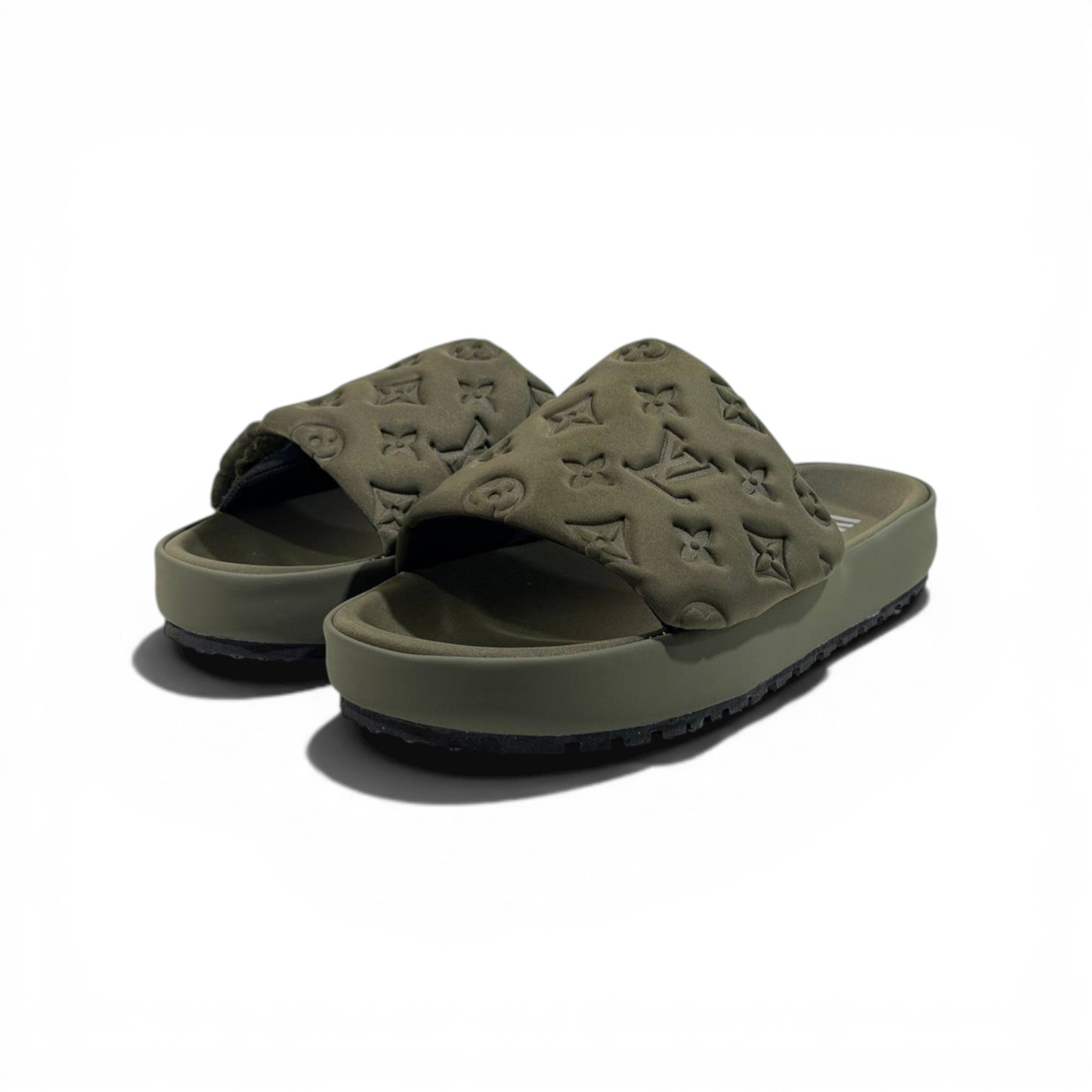 LOUIS VUITTON Luxury Olive Monogram Slide Sandals – Embossed Design & Premium Minimal Style 👟✨