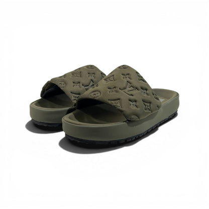 LOUIS VUITTON Luxury Olive Monogram Slide Sandals – Embossed Design & Premium Minimal Style 👟✨