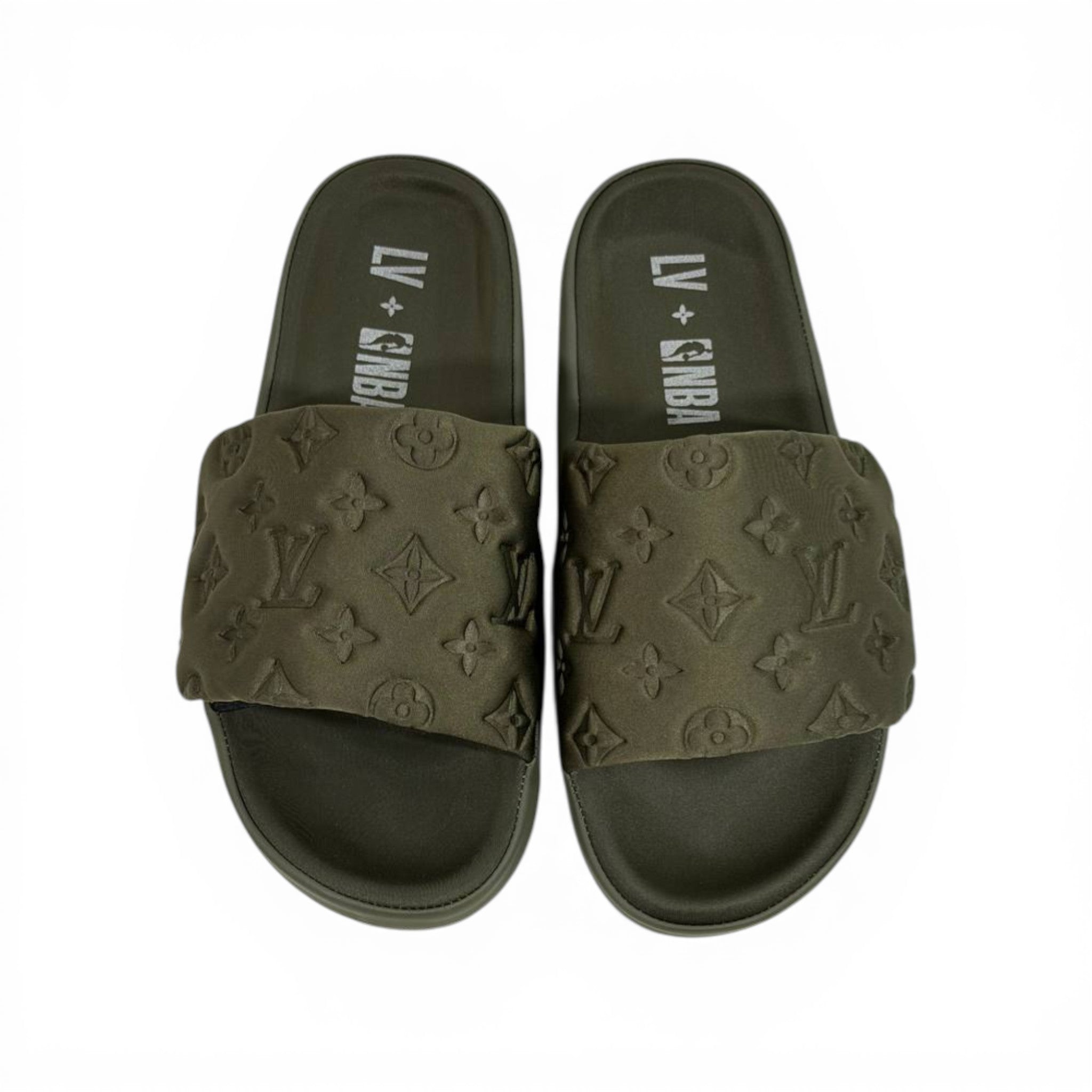 LOUIS VUITTON Luxury Olive Monogram Slide Sandals – Embossed Design & Premium Minimal Style 👟✨