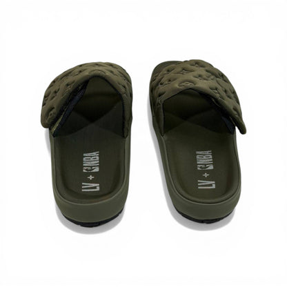 LOUIS VUITTON Luxury Olive Monogram Slide Sandals – Embossed Design & Premium Minimal Style 👟✨