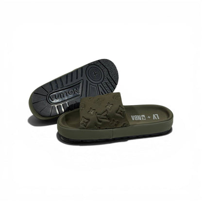 LOUIS VUITTON Luxury Olive Monogram Slide Sandals – Embossed Design & Premium Minimal Style 👟✨