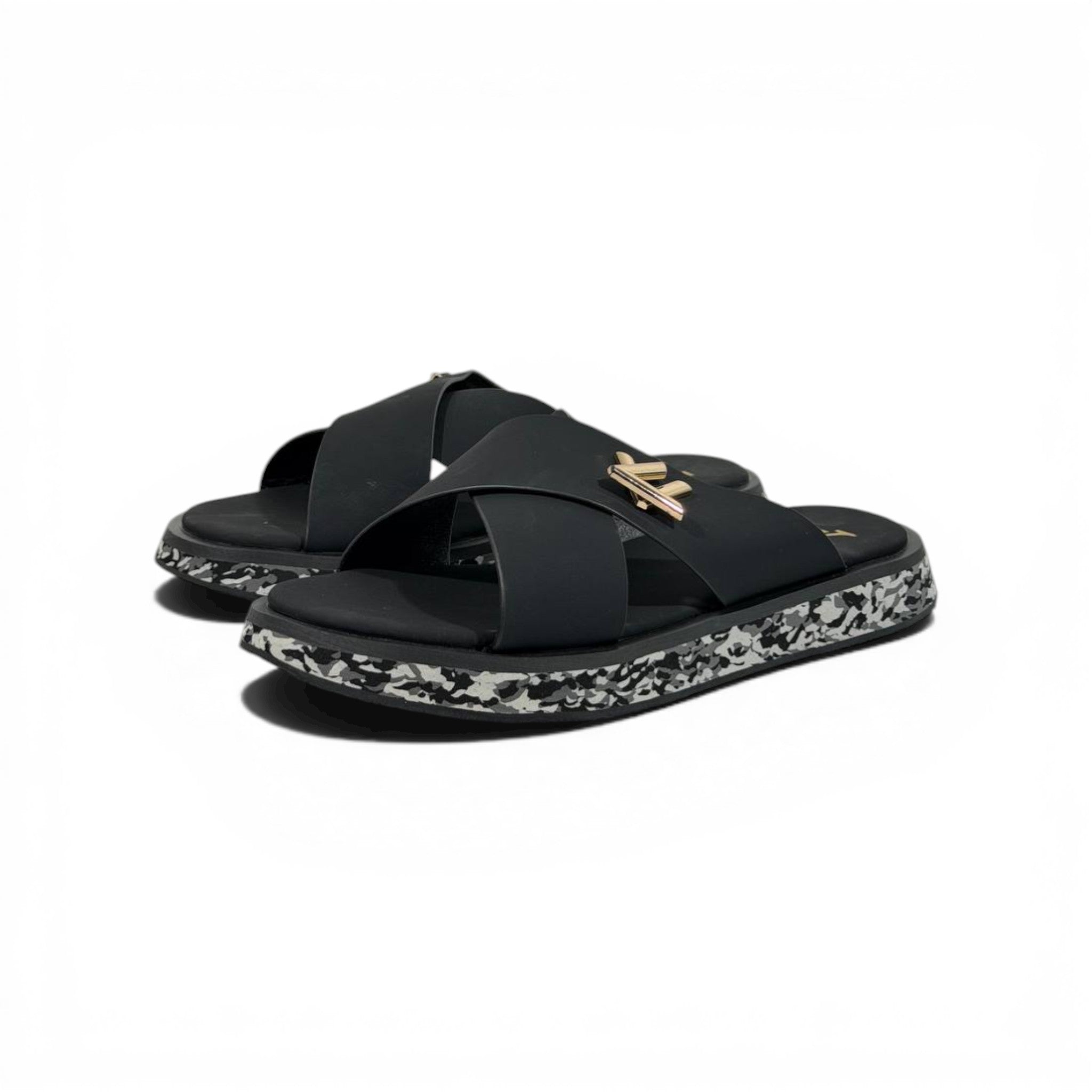 LOUIS VUITTON Luxury Black Cross Strap Sandals – LV Logo Detail & Marble Sole Design 👡✨