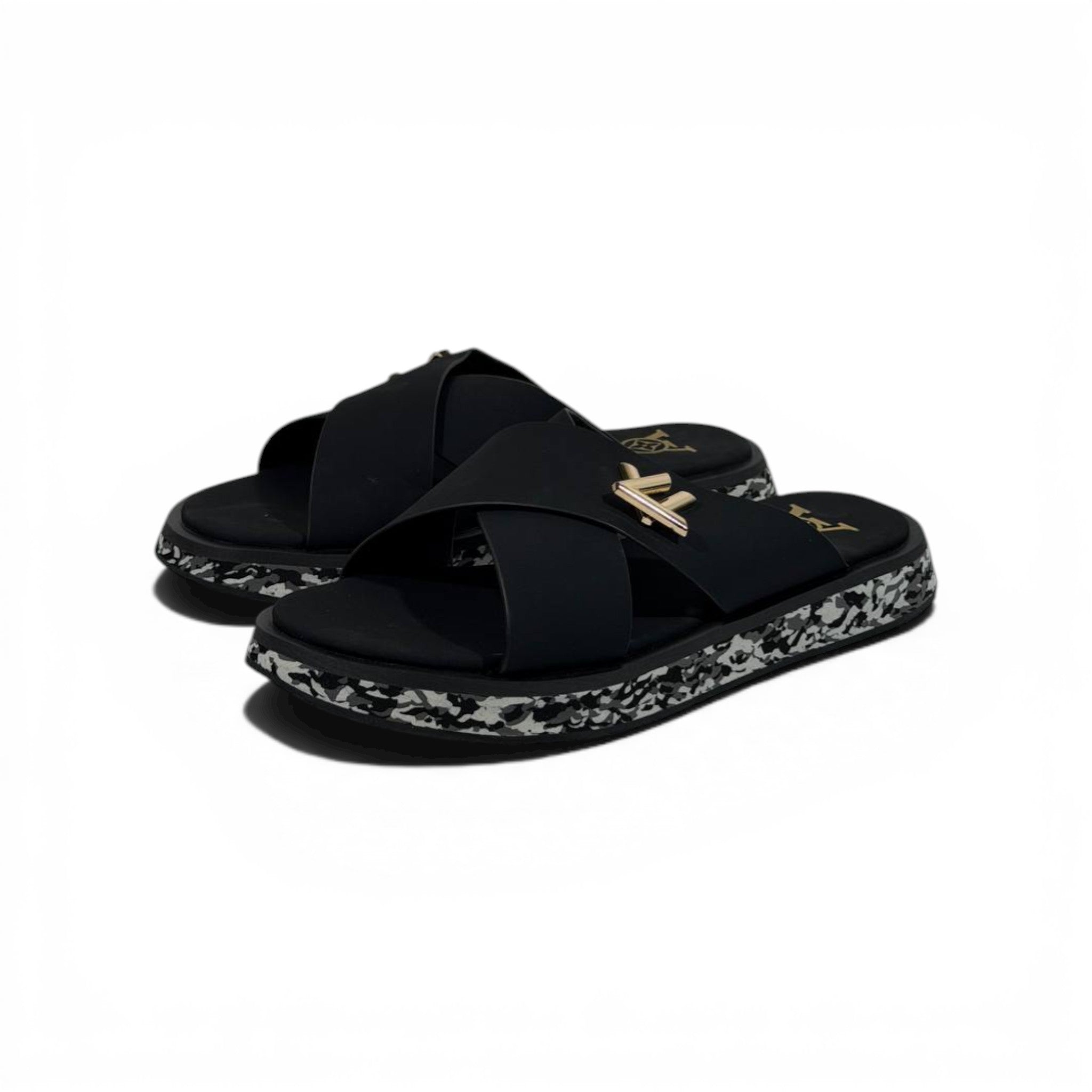 LOUIS VUITTON Luxury Black Cross Strap Sandals – LV Logo Detail & Marble Sole Design 👡✨