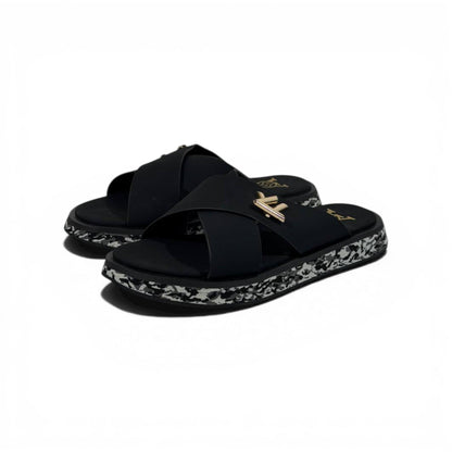 LOUIS VUITTON Luxury Black Cross Strap Sandals – LV Logo Detail & Marble Sole Design 👡✨
