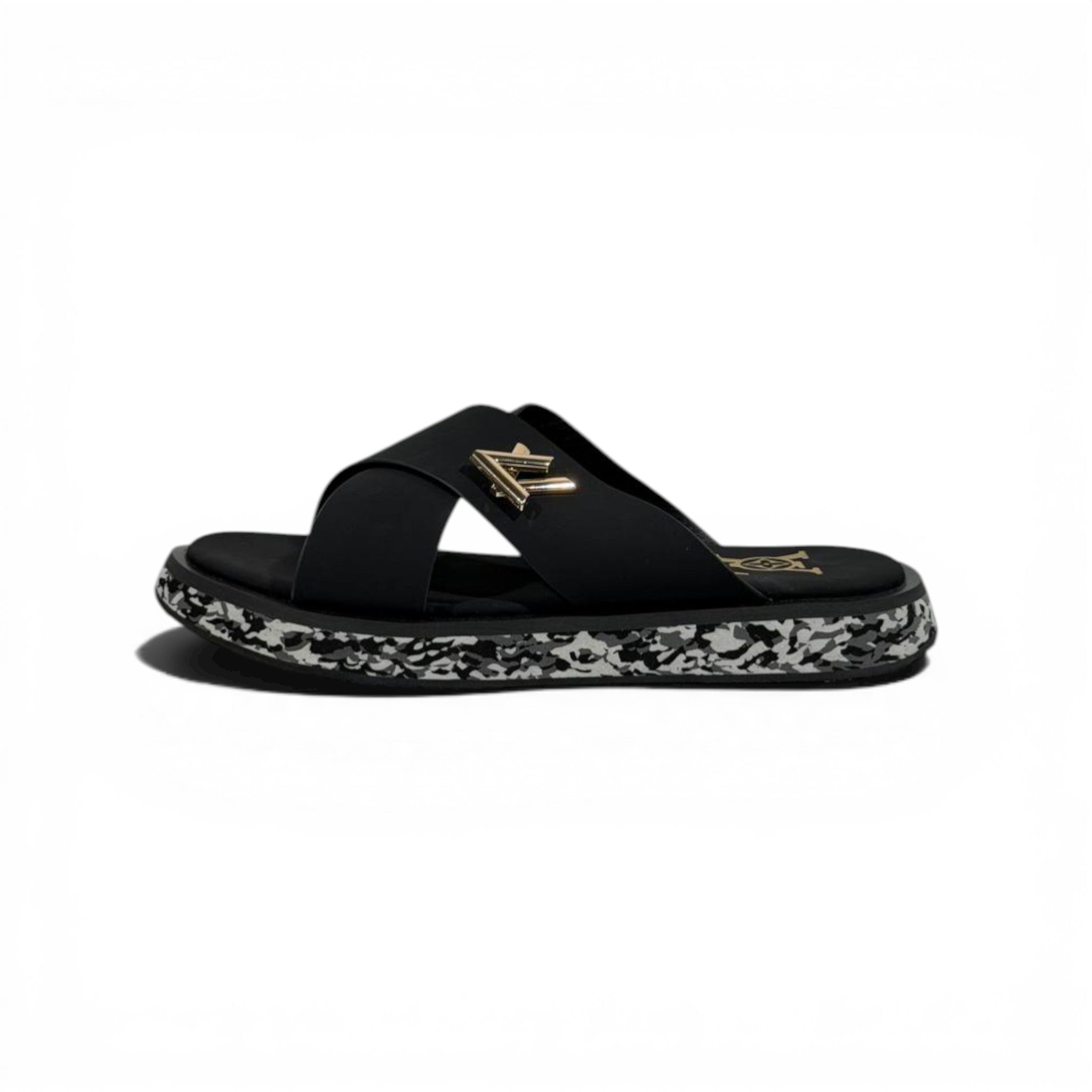 LOUIS VUITTON Luxury Black Cross Strap Sandals – LV Logo Detail & Marble Sole Design 👡✨