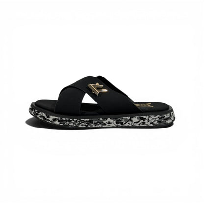 LOUIS VUITTON Luxury Black Cross Strap Sandals – LV Logo Detail & Marble Sole Design 👡✨