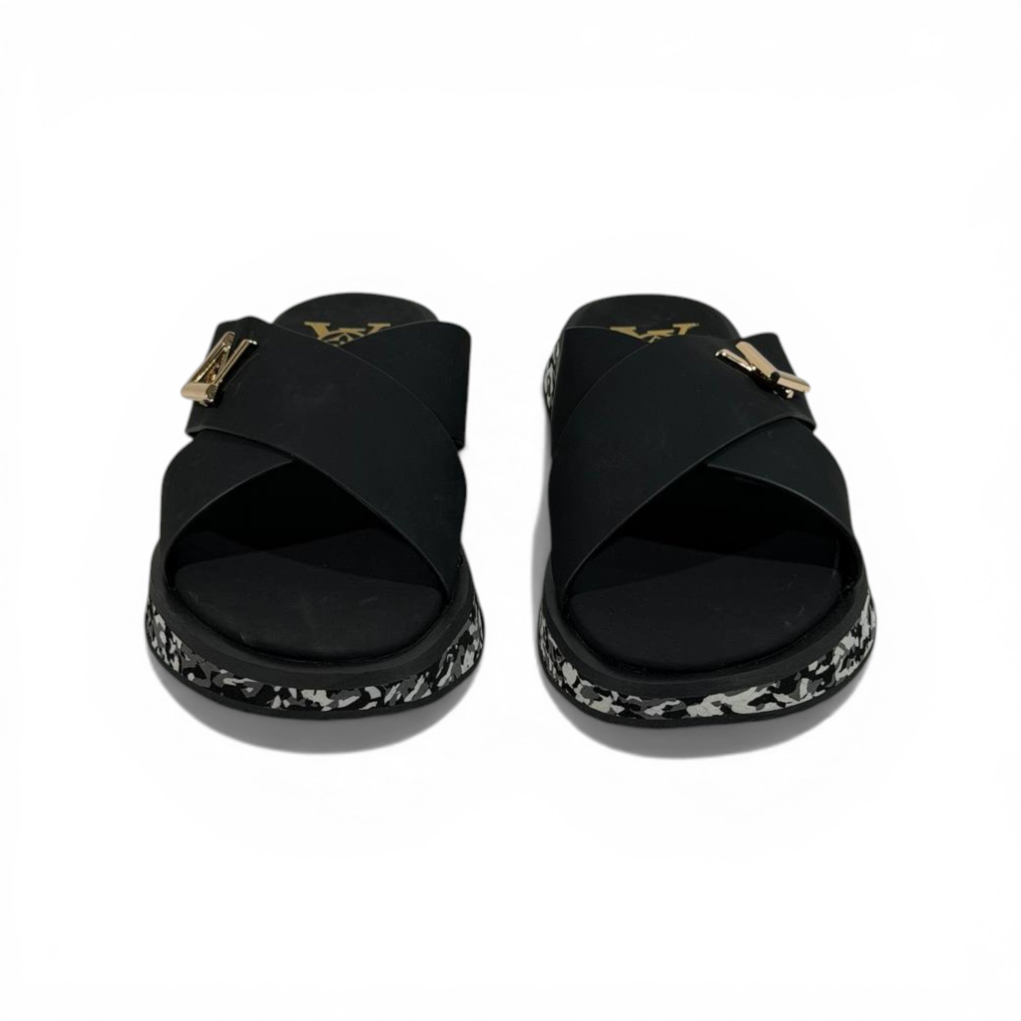 LOUIS VUITTON Luxury Black Cross Strap Sandals – LV Logo Detail & Marble Sole Design 👡✨