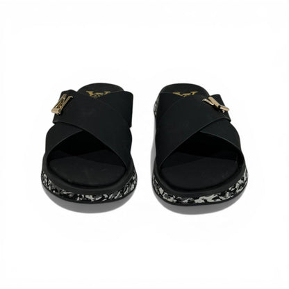 LOUIS VUITTON Luxury Black Cross Strap Sandals – LV Logo Detail & Marble Sole Design 👡✨