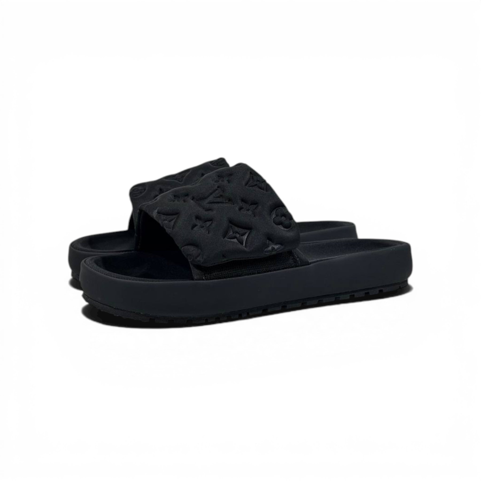 LOUIS VUITTON Luxury Black Monogram Slide Sandals – Embossed Design & Minimal Premium Style 👟