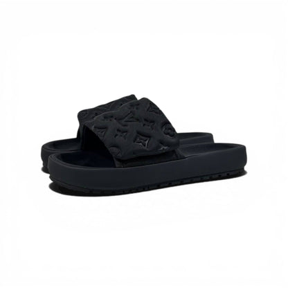 LOUIS VUITTON Luxury Black Monogram Slide Sandals – Embossed Design & Minimal Premium Style 👟
