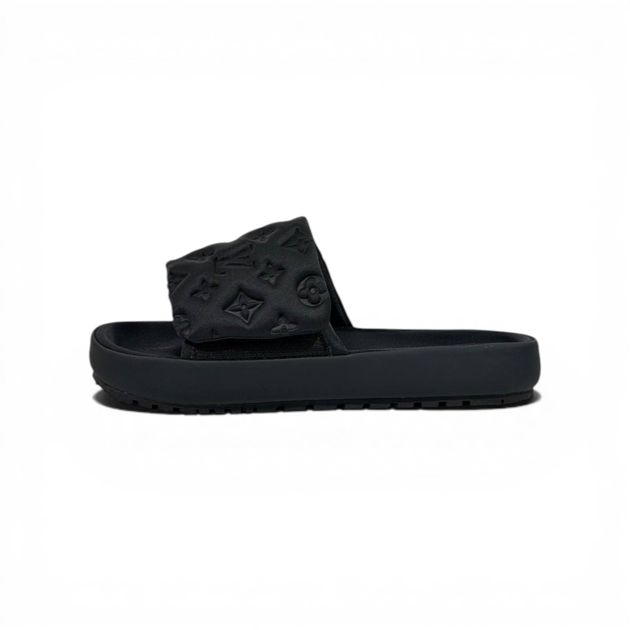 LOUIS VUITTON Luxury Black Monogram Slide Sandals – Embossed Design & Minimal Premium Style 👟