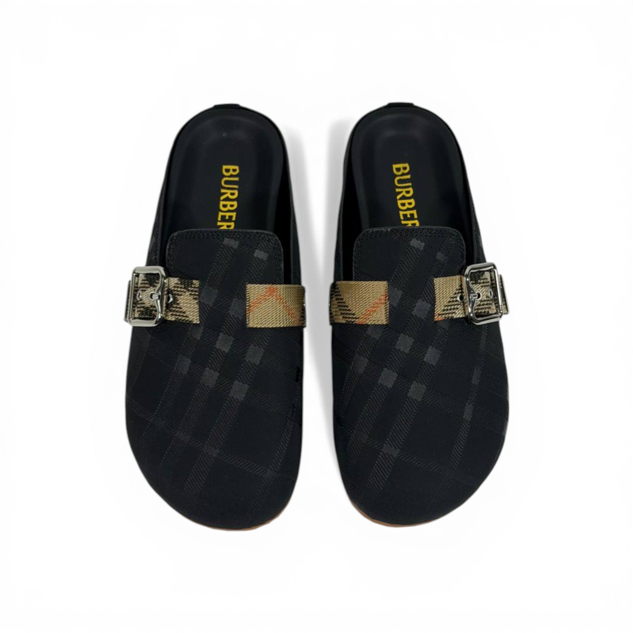 Burberry Black Check Slip-On Clogs with Buckle – Luxury Minimal Slides 🖤✨