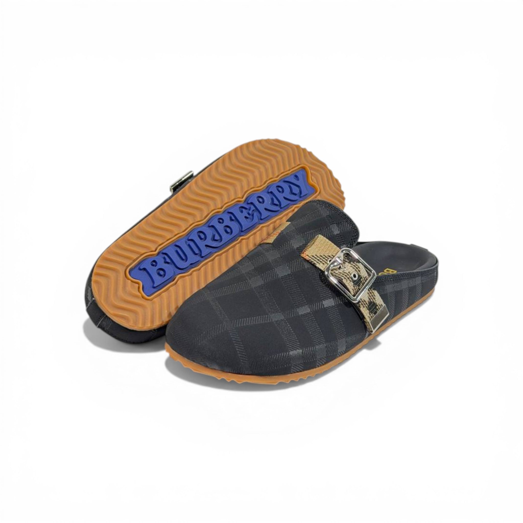 Burberry Black Check Slip-On Clogs with Buckle – Luxury Minimal Slides 🖤✨