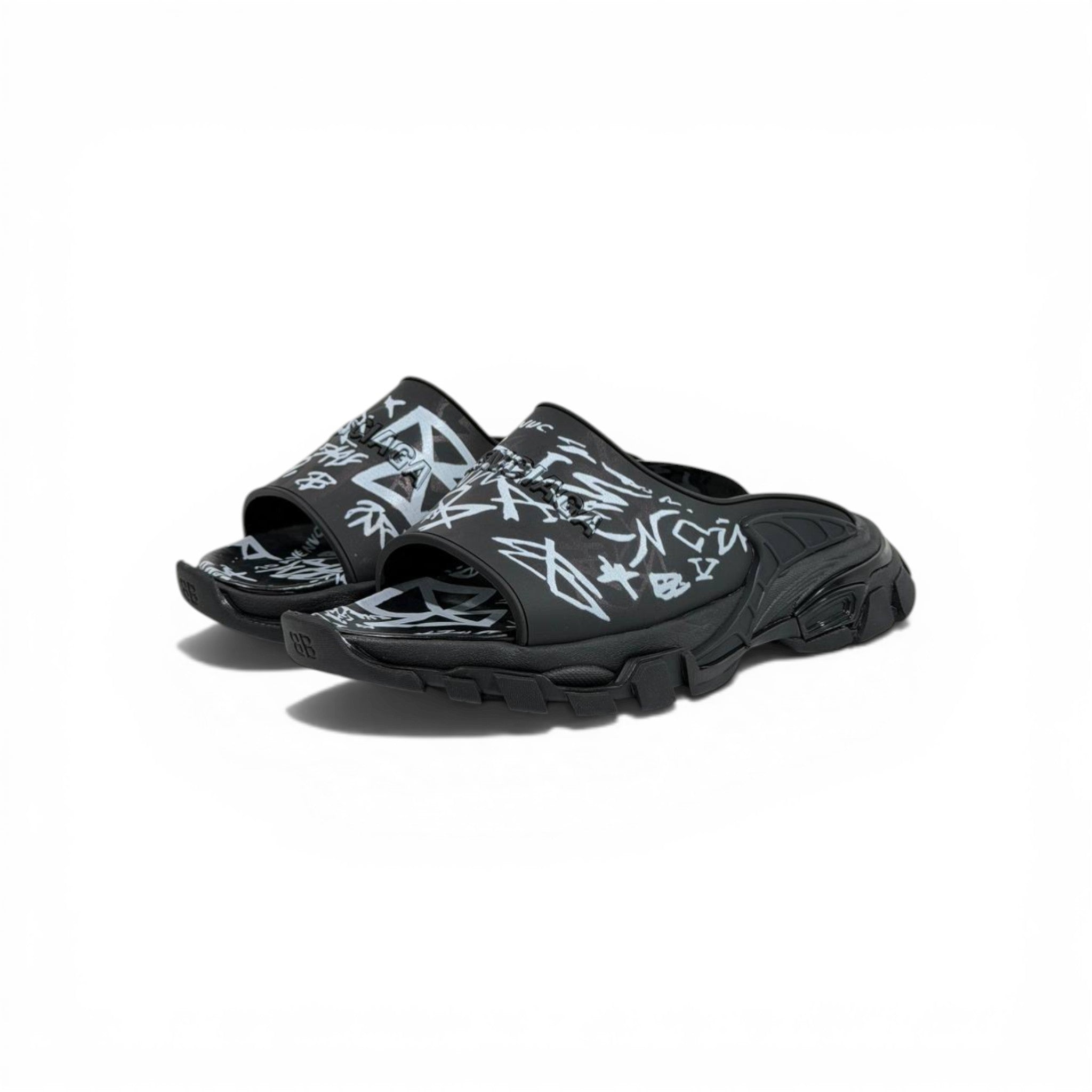 Balenciaga Black Graffiti Chunky Slides – Bold Streetwear Slippers ⚫🔥