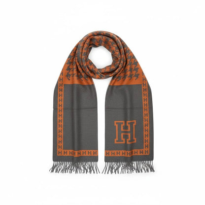 🧣 Hermès Signature H Scarf – Luxury Winter Wrap in Grey & Orange 🔥