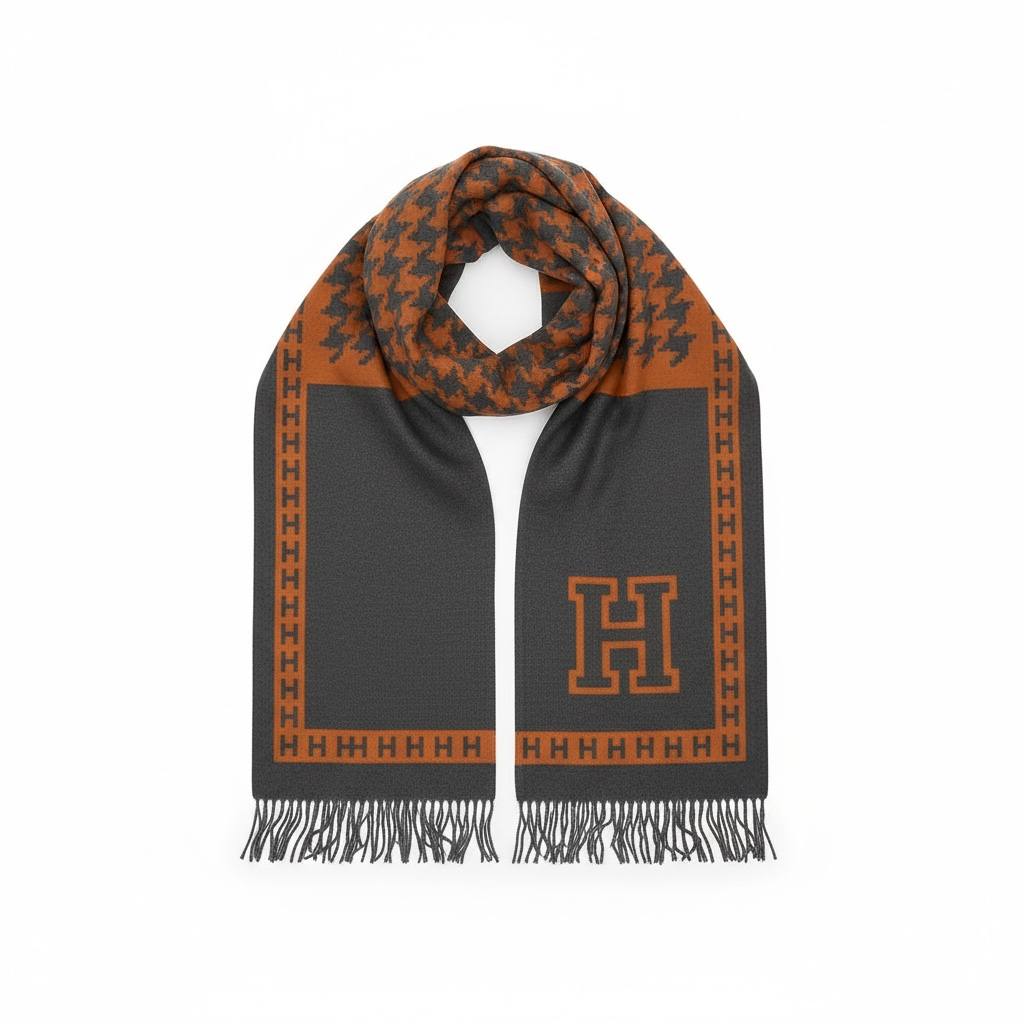 🧣 Hermès Signature H Scarf – Luxury Winter Wrap in Grey & Orange 🔥